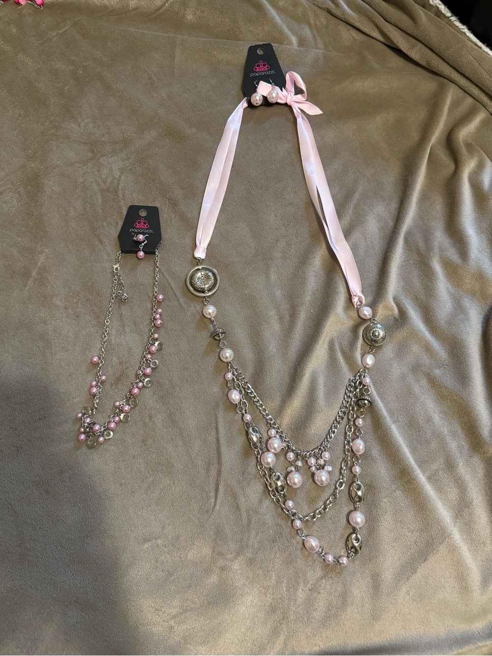 Paparazzi Jewelry Lot 2 New Pink Necklace & Earring Sets Pearl Silver Tone NWT